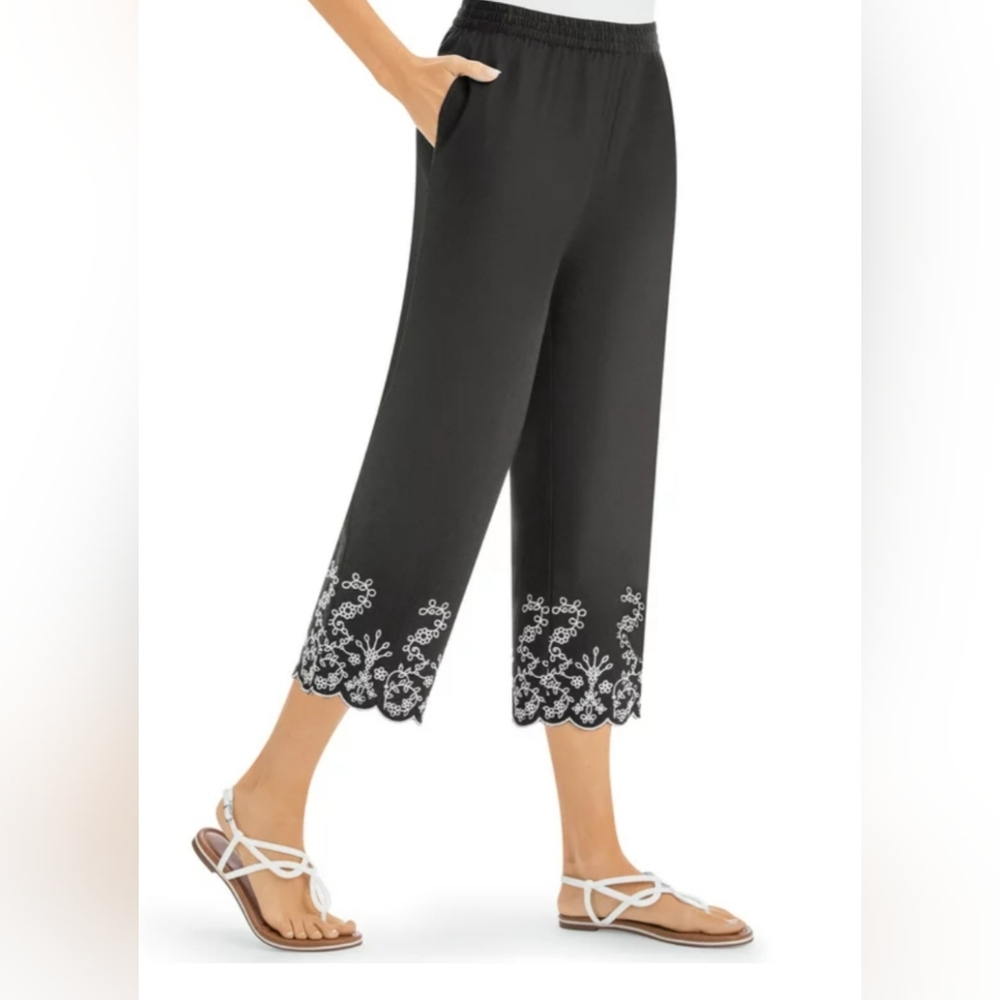 (M)💘Laura Petites Embroidered Dk Brown Capri💘  W14.5"×L32"